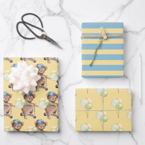 Teddy Bear on Scooter Striped Balloons Wrapping Paper Sheets