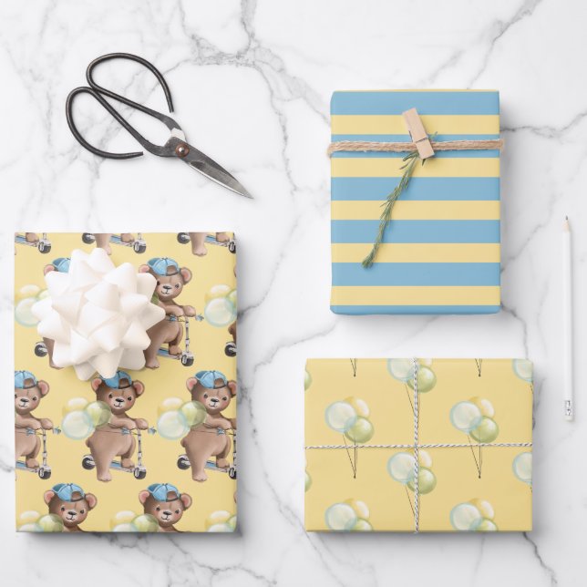 Teddy Bear on Scooter, Striped, Balloons Wrapping Paper Sheets (Front)