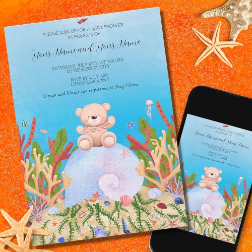 Teddy Bear on Seashell Gender Neutral Baby Shower Invitation