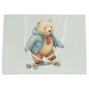 Teddy bear on skate board large gift bag
