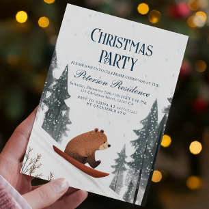 Teddy Bear On Snow Sled Christmas Party Invitation