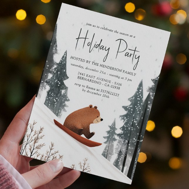 Teddy Bear On Snow Sled Holiday Party Invitation (Creator Uploaded)