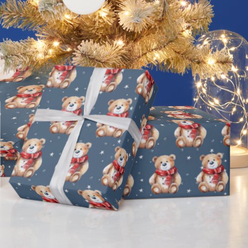 Teddy Bear On Stars and Snowflakes Wrapping Paper