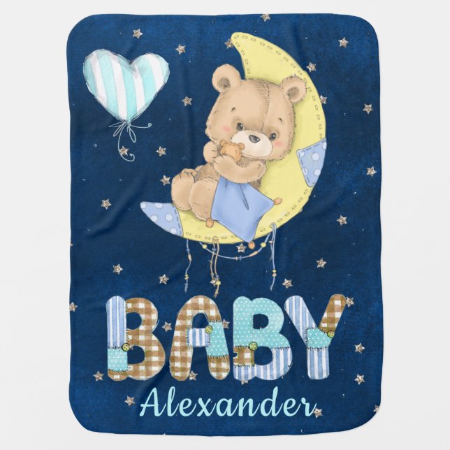 Teddy Bear on The Moon Boy Baby Blanket (Front)