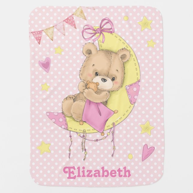 Teddy Bear on The Moon Girl Baby Blanket (Front)