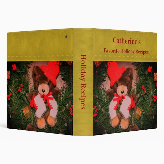 Teddy Bear On Wreath Christmas Personalized Recipe 3 Ring Binder (Background)