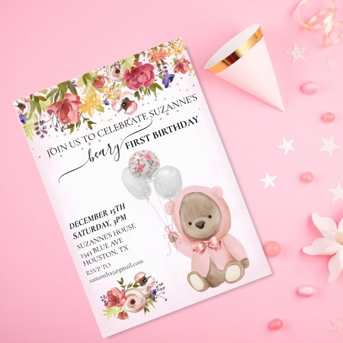 Teddy Bear One First Birthday Pink Girl  Invitation