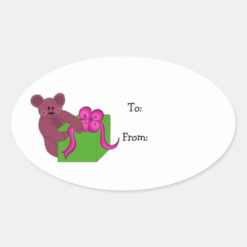 Teddy Bear Opening a Present Oval Sticker