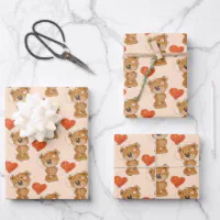 Teddy Bear Orange Heart Wrapping Paper Sheet