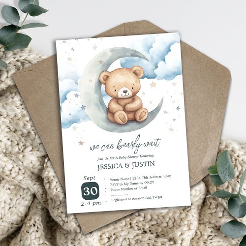 Teddy Bear Over the Moon Baby Shower Invitation