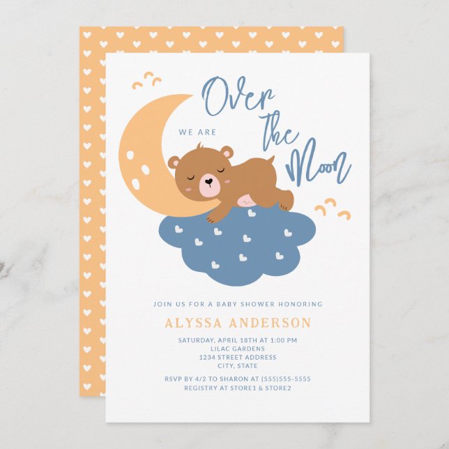 Teddy Bear Over the Moon Baby Shower Invitation (Front/Back)