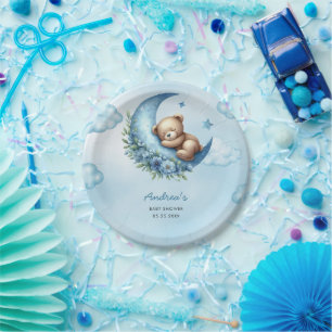 Teddy Bear Over The Moon Baby Shower Paper Plates