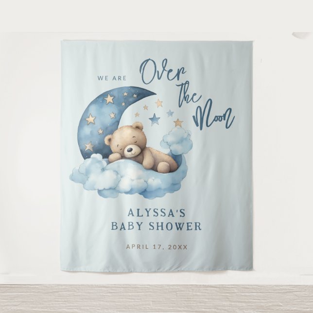Teddy Bear Over the Moon Baby Shower Tapestry (Front)