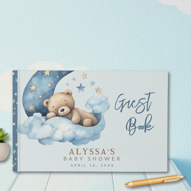 Teddy Bear Over the Moon Blue Baby Shower Guest Book (Creator Uploaded)