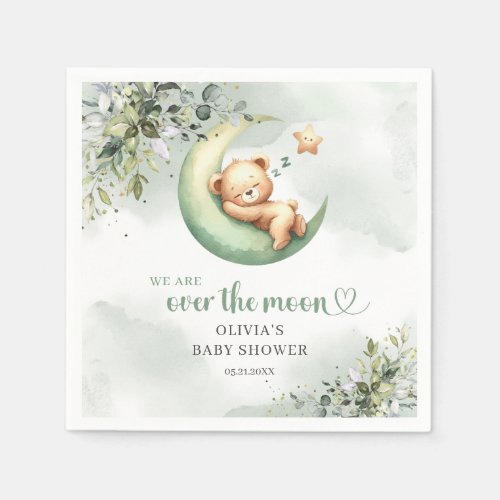 Teddy bear over the moon boho greenery napkins