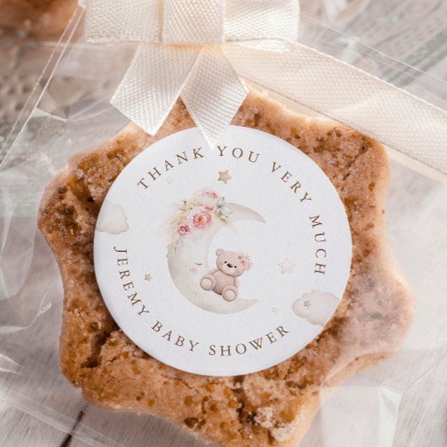 Teddy Bear Over The Moon Neutral Baby Shower  Classic Round Sticker (Creator Uploaded)