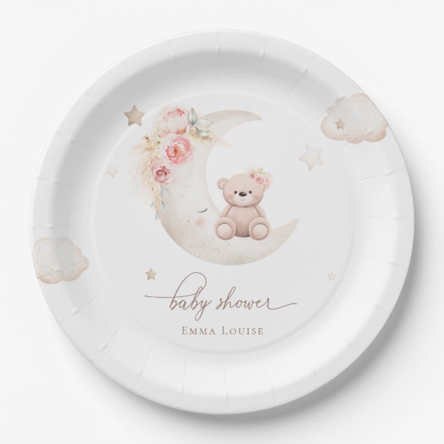 Teddy Bear Over The Moon Neutral Baby Shower  Paper Plates (Front)
