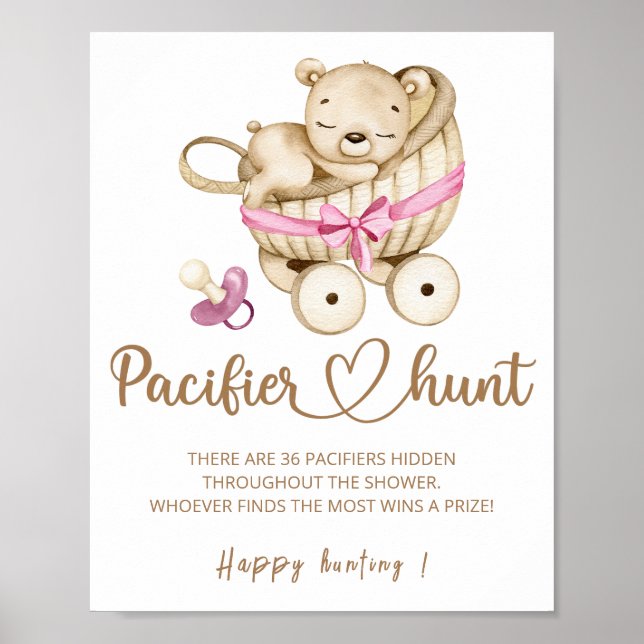 Teddy bear Pacifier hunt baby shower game poster (Front)