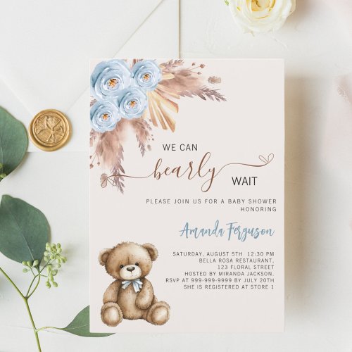 Teddy bear pampas floral blue boy baby shower invitation