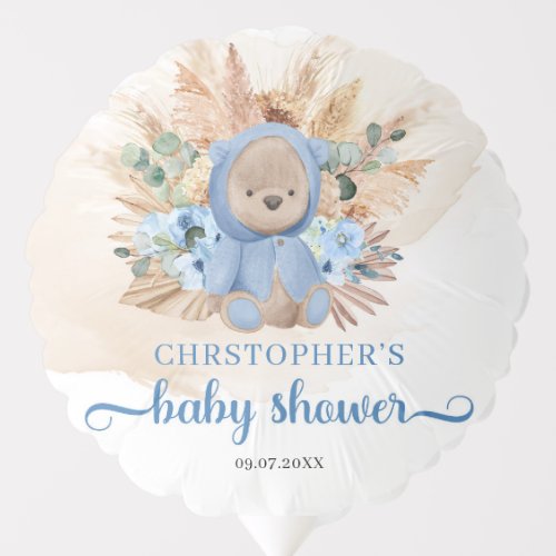 Teddy bear pampas grass blue flowers baby shower balloon