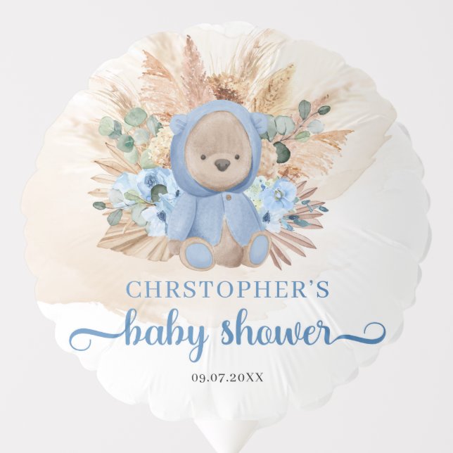 Teddy bear pampas grass blue flowers baby shower balloon (Front)