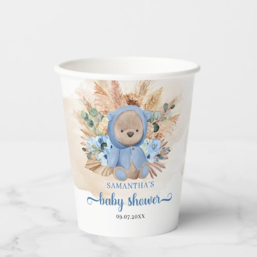 Teddy bear pampas grass blue flowers baby shower paper cups