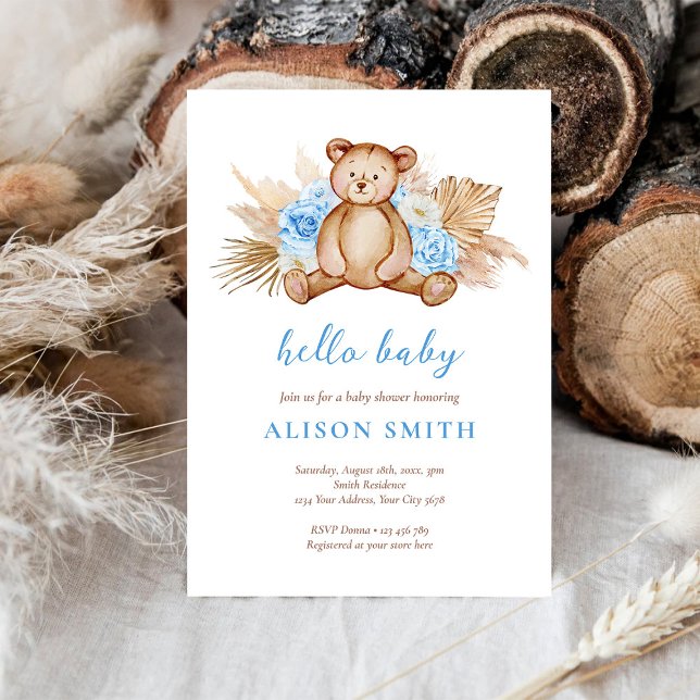 Teddy Bear Pampas Grass Hello Baby Shower Invitation (Creator Uploaded)