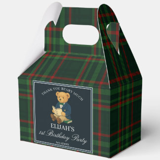 Teddy bear party favors green plaid personalized favor boxes