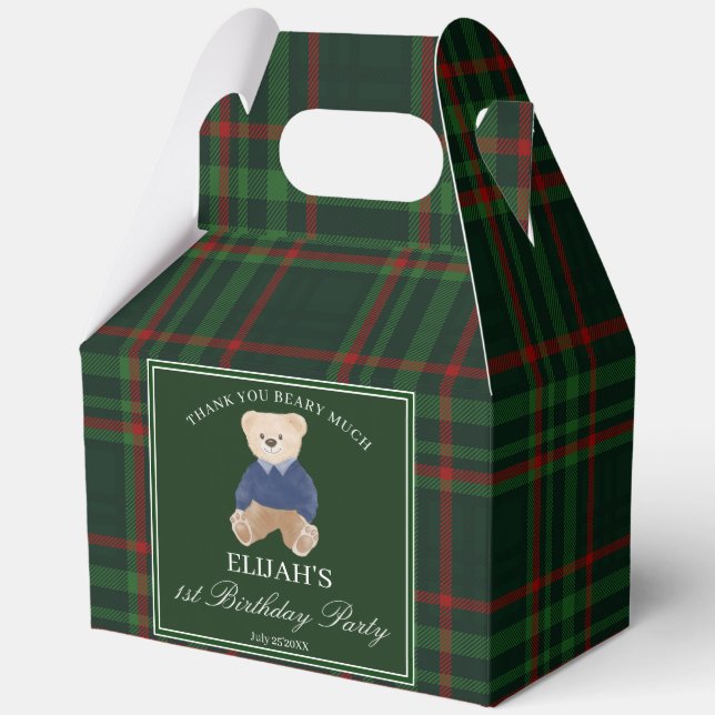 Teddy bear party favors green plaid personalized favor boxes (Front)