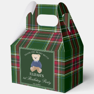 Teddy bear party favors green plaid personalized favor boxes