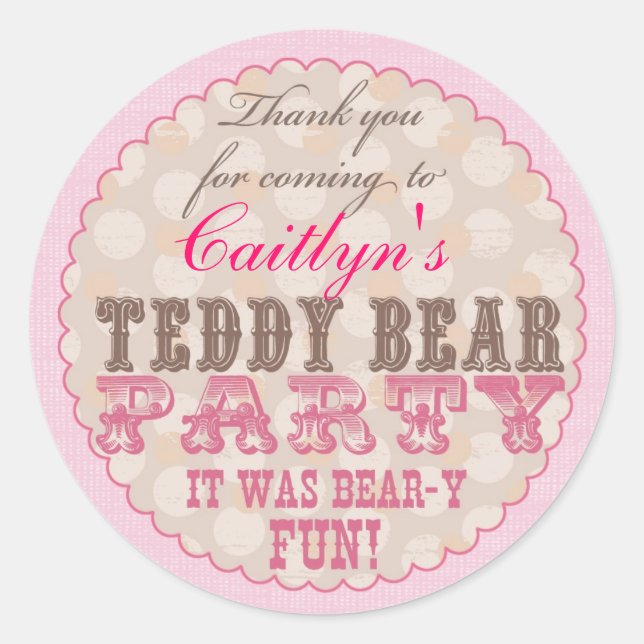 Teddy Bear Party Thank You Sticker - Pink (Front)