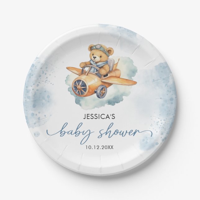 Teddy Bear Pastel Baby Shower Boy Paper Plates (Front)