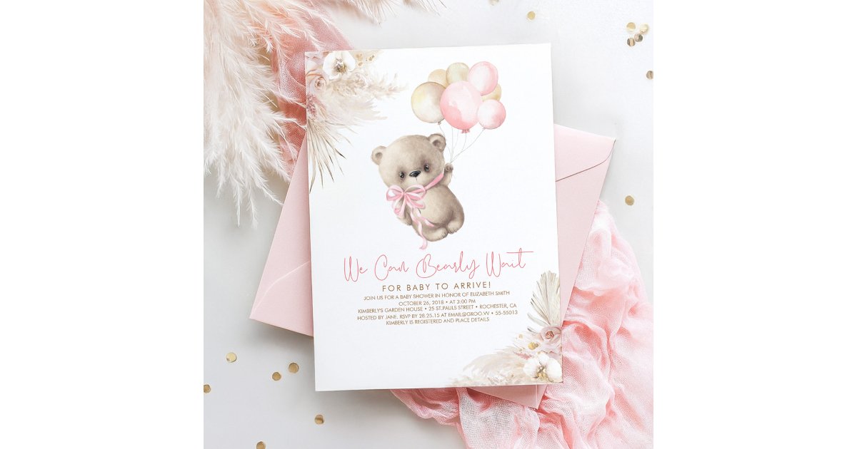 Teddy Bear Pastel Brown Pink Boho Girl Baby Shower Invitation | Zazzle