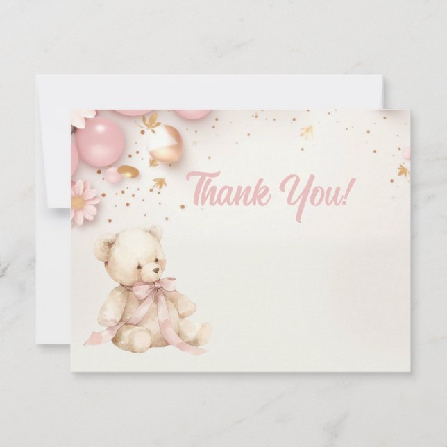 Teddy Bear Pastel Pink Champagne Gold Baby Girl  Thank You Card (Front)