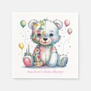 Teddy Bear Patchwork in Floral Girl Baby Shower Napkins