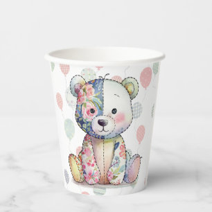 Teddy Bear Patchwork in Floral Girl Baby Shower Paper Cups