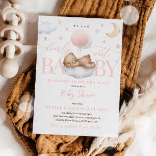 Teddy Bear Peach Balloon Clouds Stars Baby Shower Invitation