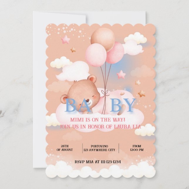 TEDDY BEAR PEACH COLOR BABY SHOWER INVITATION (Front)