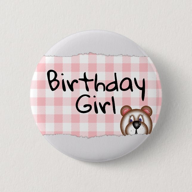 Teddy Bear Peekaboo birthday girl Button (Front)
