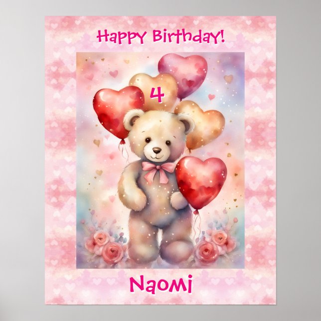 Teddy Bear Personalize Name Age Birthday Party Poster (Front)