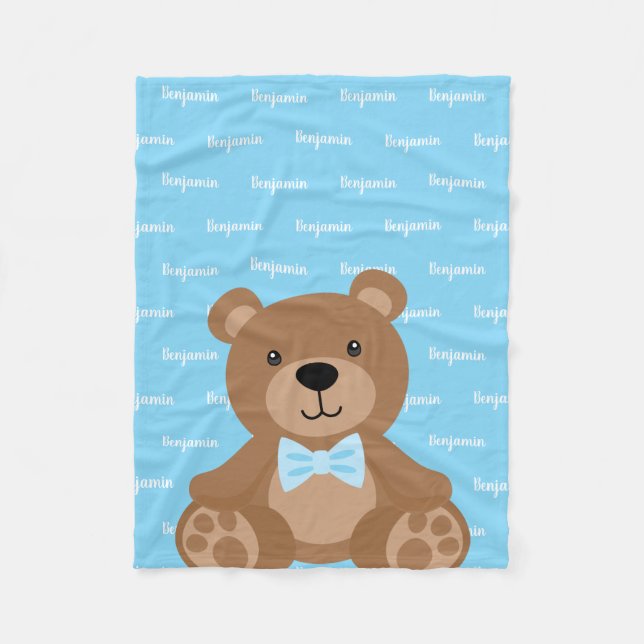 Teddy Bear Personalized Blue Name Boy Fleece Blanket (Front)