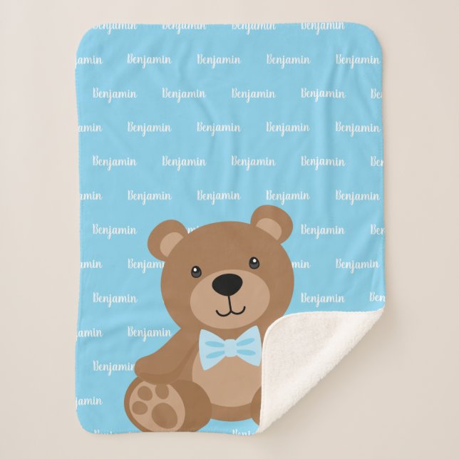 Teddy Bear Personalized Blue Name Boy Sherpa Blanket (Front)
