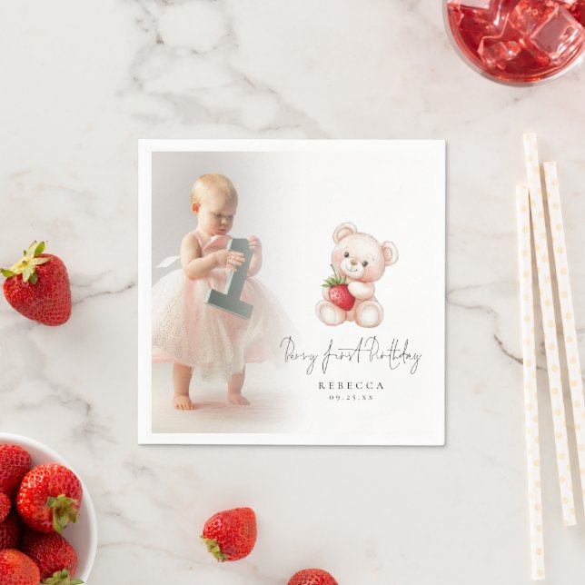 Teddy Bear Photo Overlay Berry First Birthday Napkins (Insitu)
