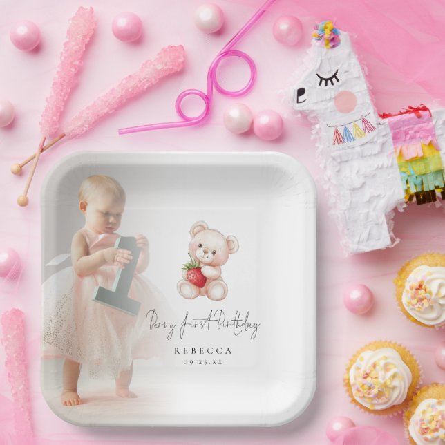 Teddy Bear Photo Overlay Berry First Birthday Paper Plates (Party)