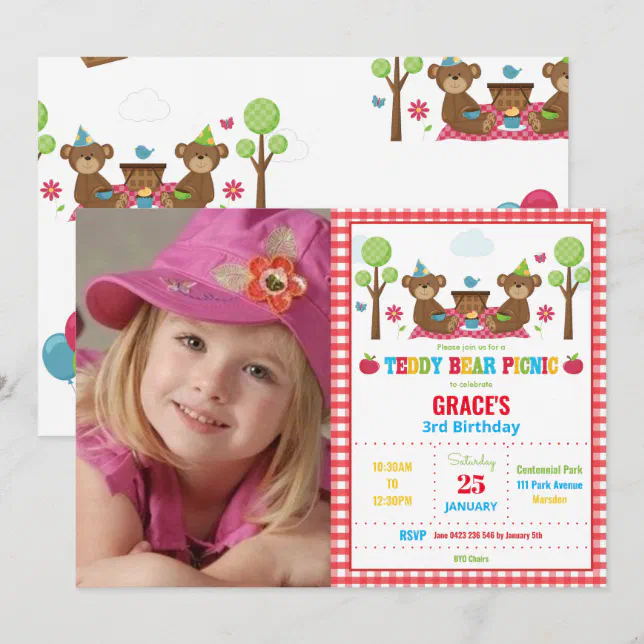 Teddy Bear Picnic 1st Birthday Boy Girl Photo Invitation | Zazzle