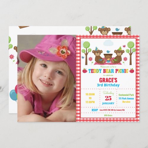 Teddy Bear Picnic 1st Birthday Boy Girl Photo Invitation