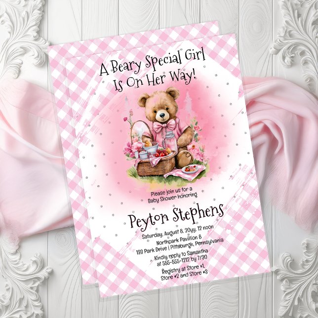 Teddy Bear Picnic Beary Special Girl Baby Shower Invitation ("A Beary Special Girl Is On Her Way!" Cute Teddy Bear Picnic | Gingham Check Girl Baby Shower Invite)