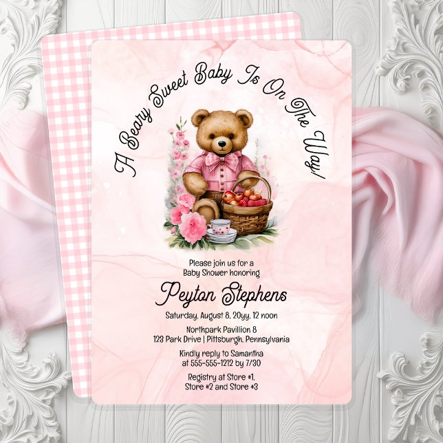 Teddy Bear Picnic Beary Sweet Baby Shower Invitation ("A Beary Sweet Baby Is On The Way!" Teddy Bear Pink Picnic Girl Baby Shower Invitation Print | Digi)