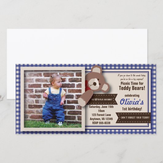 Teddy Bear Picnic Birthday -Blue Gingham (Front/Back)