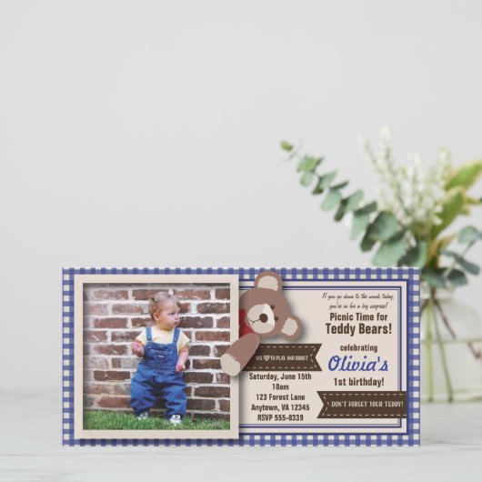 Teddy Bear Picnic Birthday -Blue Gingham (Standing Front)